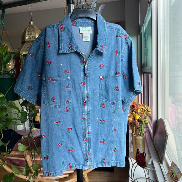 Vintage Cherry Embroidered Denim Jacket Shirt The Quacker Factory - Picture 3 of 13